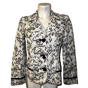 CHICO'S Jacket Size S (0) Black White Notched Lapels Linen Weave LS Lined Blazer